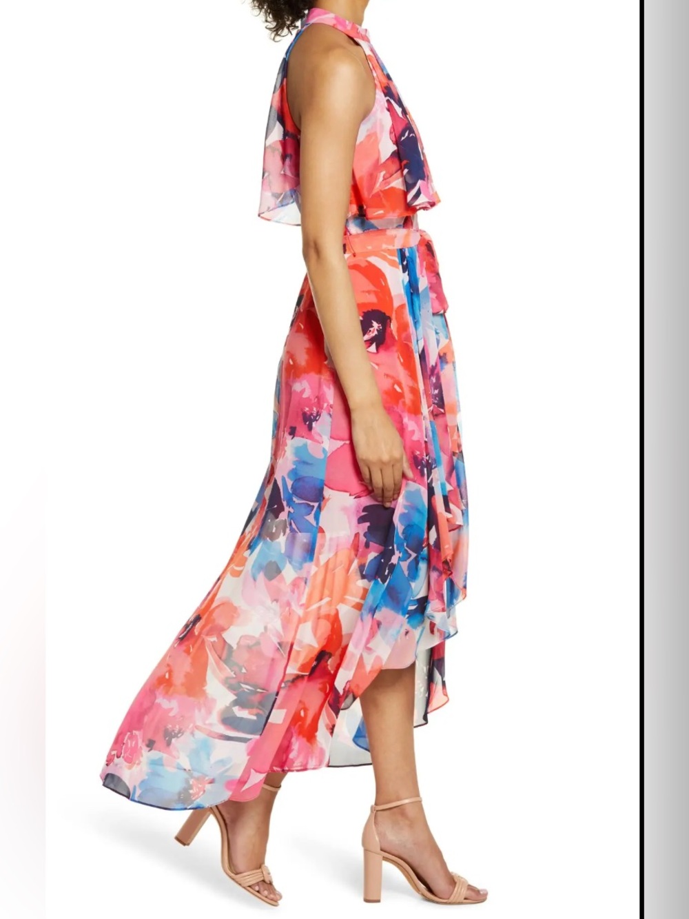 ELIZA J Flowy Vibrant Watercolor Pink Floral Halter High Low Maxi Dress 12 NWT